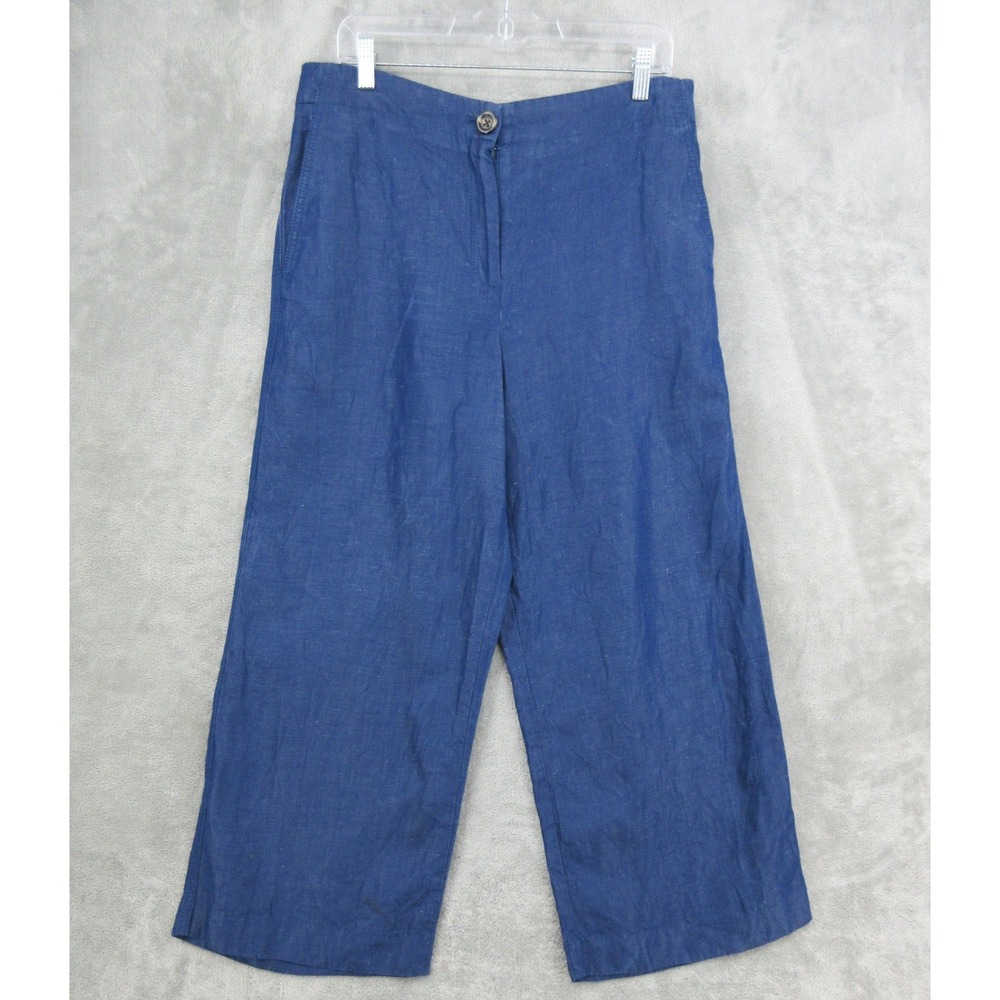 Ann Taylor Pants Womens Size 10 Linen Wide Leg Cropped Pockets Quiet Luxury Blue